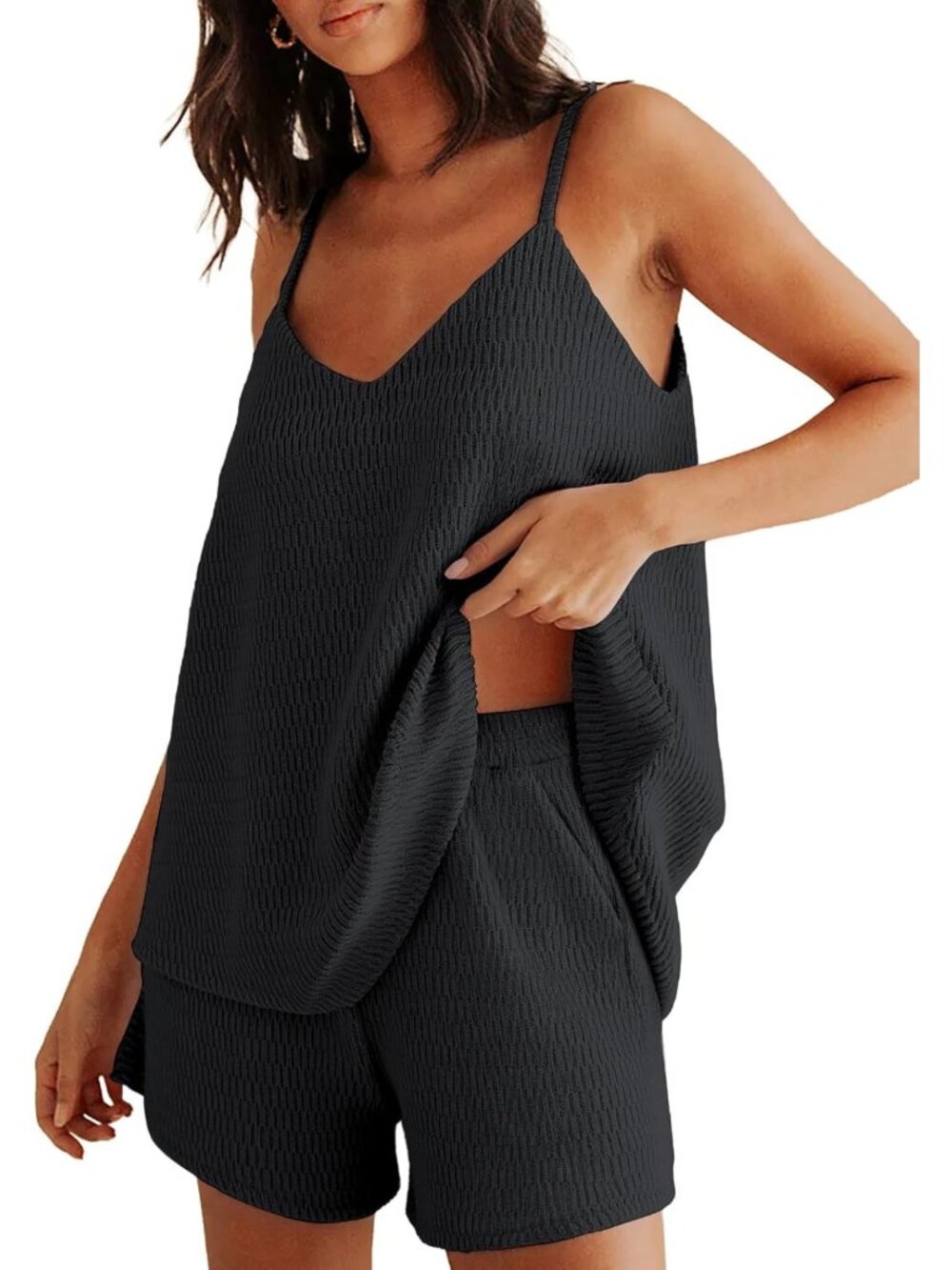 Textured Knit Women's 2-Piece Short Set - V-Neck Tank & Shorts for Summer Style
